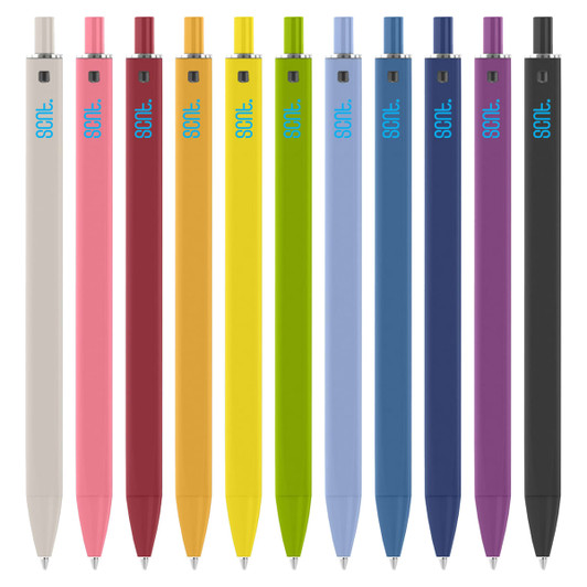 A collection of plastic pens in various colours, including white, pink, yellow, blue, green, red, and purple, with branding.