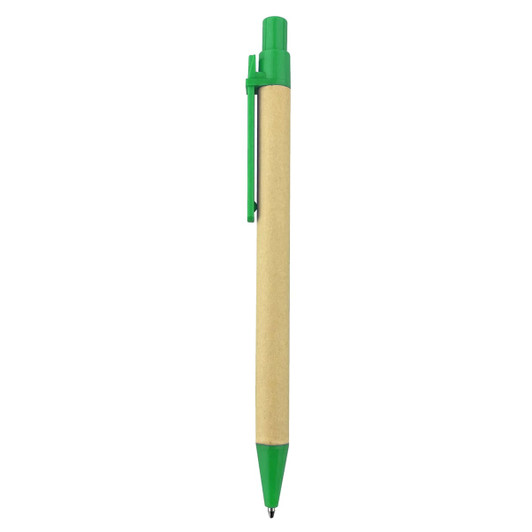 A recycled cardboard pen with a natural body and green accents. Features a clip and a logo.