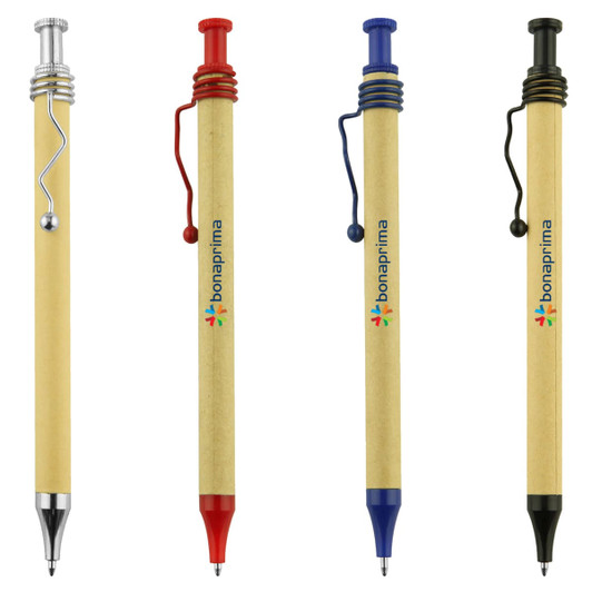 Four spiral recycled cardboard pens in natural, red, blue, and black with branding and metal accents.
