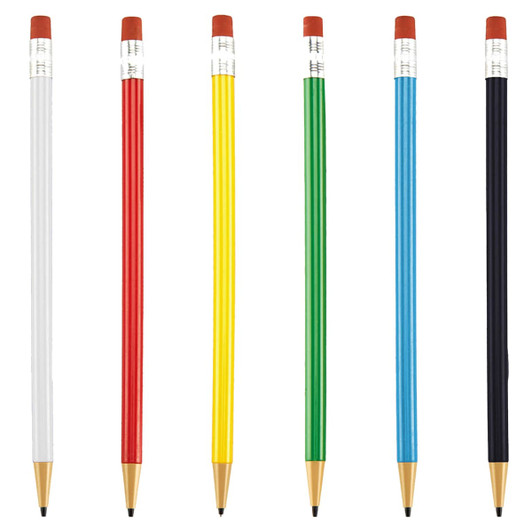 A set of round mechanical pencils in white, red, yellow, green, blue, and black with erasers.