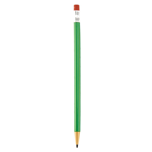 A round mechanical pencil in green with a red eraser and black lead at the tip, featuring a logo.
