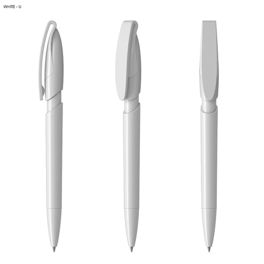 A white plastic pen featuring a streamlined design and a clip. The pen is shown from three angles.