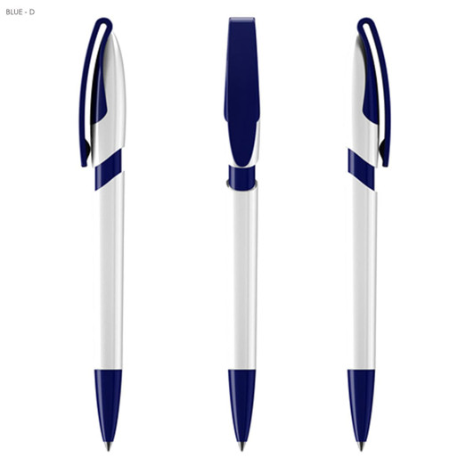 A set of three plastic pens in white and navy blue, featuring a clip and branding.