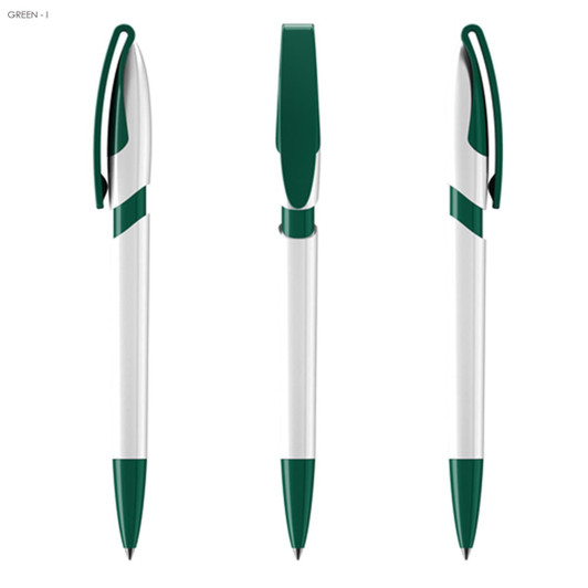 A set of green and white plastic pens featuring a streamlined design and clip for easy attachment.