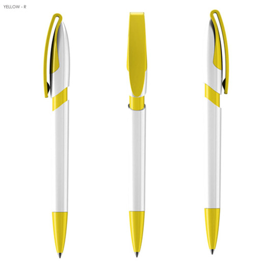 A plastic pen featuring a white body and bright yellow accents, including a clickable top and grip. It has a branding logo.