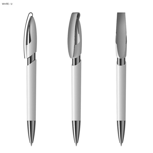 A white plastic pen with a chrome clip and tip, featuring a sleek, modern design. It has a logo on its body.