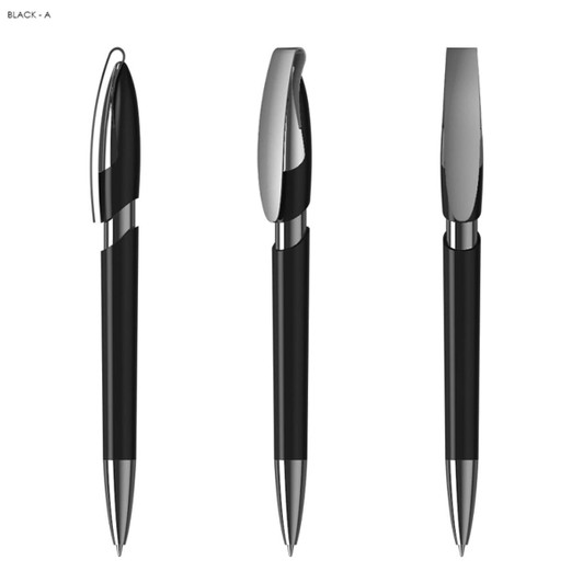A set of three black plastic pens with chrome accents, featuring different designs and a logo on each.