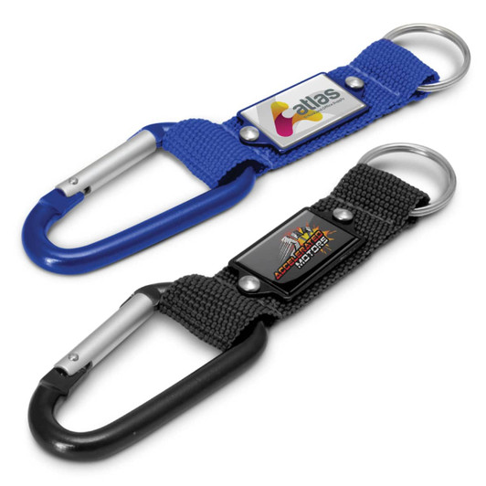 Two carabiner key rings in blue and black, featuring attachment loops and logos on fabric bands.