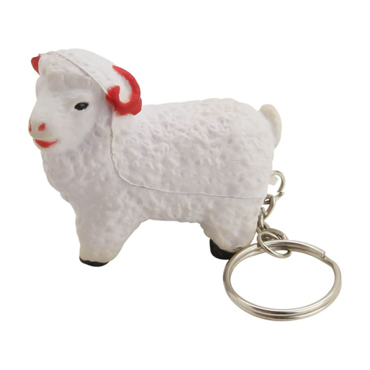 A white sheep key ring with red accents, featuring a key chain attachment.