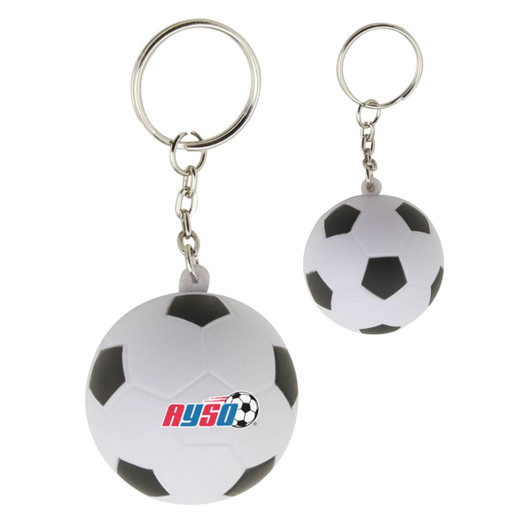 A stress soccer ball key ring in white and black, featuring a logo and attached to a silver keychain.