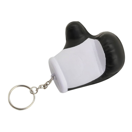 A black and white stress glove key ring attached to a metal chain. It features a glove design.