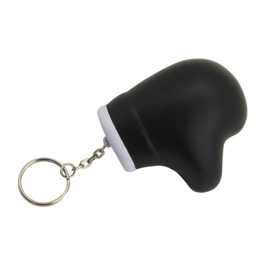A black stress glove key ring featuring a keychain attachment for easy accessibility.
