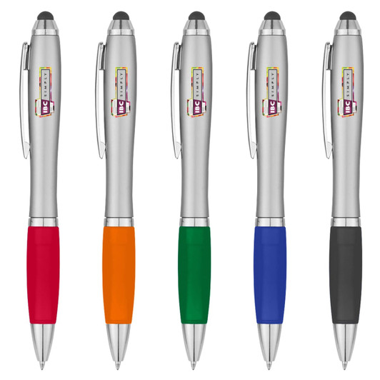 A collection of five stylus pens in silver with coloured grips: orange, green, blue, and black. Each pen has a logo.