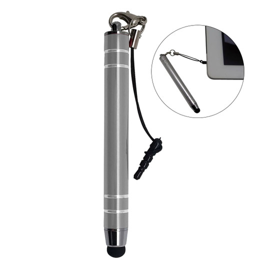 A metal stylus pen in silver with a black rubber tip and a lanyard attachment.