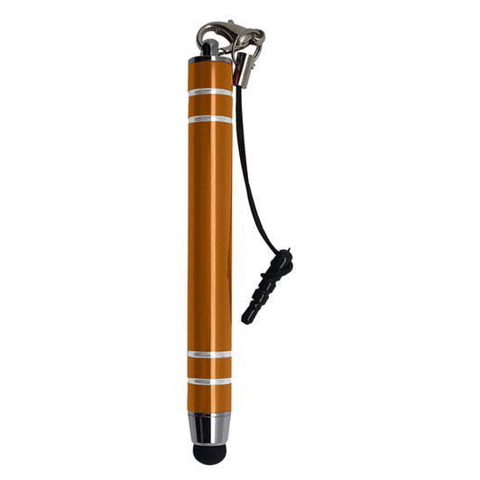 A metal stylus pen in orange with silver accents and a black rubber tip, featuring a lanyard attachment.