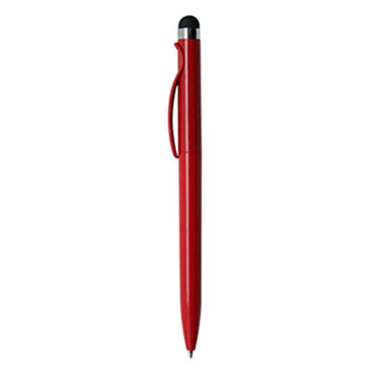 A red stylus pen with a rounded tip and a clip, featuring a shiny metallic detail and a logo.