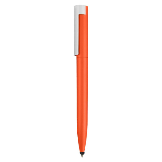 An orange stylus pen with a white clip, featuring a sleek and modern design.