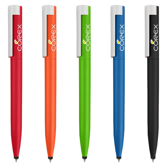 A collection of five stylus pens in red, orange, green, blue, and black, each featuring a branding logo.