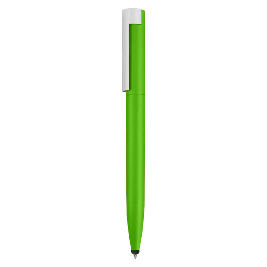 A green stylus pen with a white clip and a sleek design. It features a logo on the body.