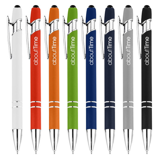 A collection of stylus pens in white, red, orange, green, blue, silver, and black, each featuring a logo.