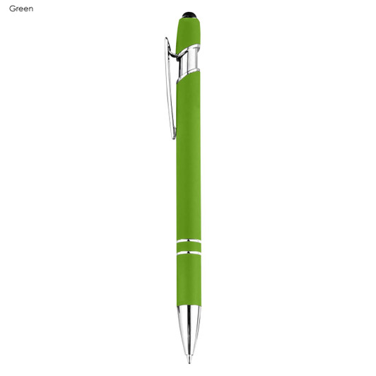 A green stylus pen with a silver clip and accents, featuring a smooth, modern design and a branding logo.