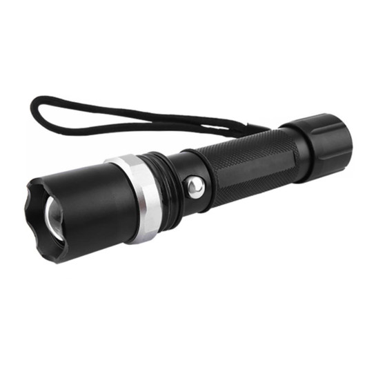 A black torch featuring a textured grip, a silver bezel, and a wrist strap. It has a compact design for easy handling.