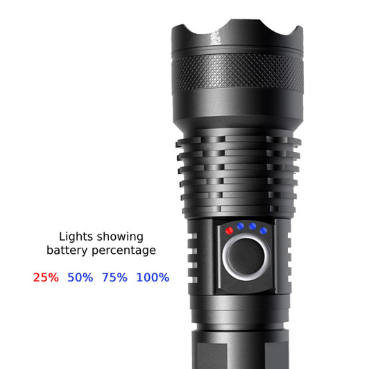 A black outdoor torch with a textured grip and a battery percentage indicator displaying three levels.