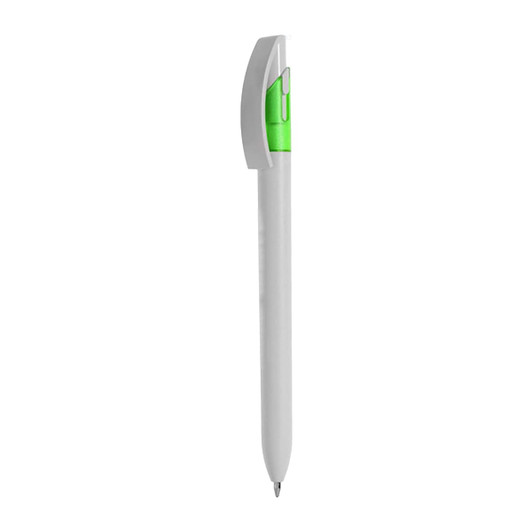 A plastic pen featuring a white body and green accents, along with a logo on the side.
