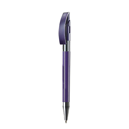 A purple metal pen with a chrome clip and detailing, featuring a branding logo.