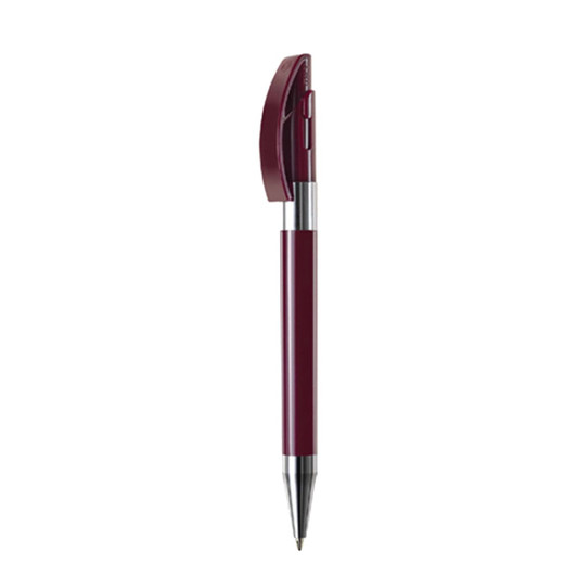 A maroon metal pen with a sleek design and a silver clip, featuring a logo on the barrel.
