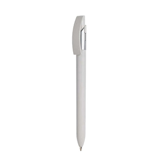 A plastic pen in white with a silver clip, featuring a simple and sleek design. It has a logo on the body.