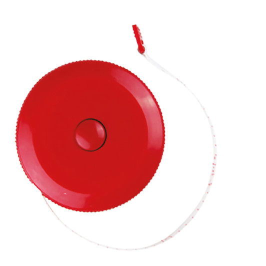 A red compact tape measure with a white measuring tape extended from its casing and a small button in the centre.