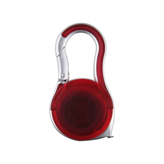 A red carabiner tape measure with a shiny silver clip. Features a compact, round design for easy carrying.