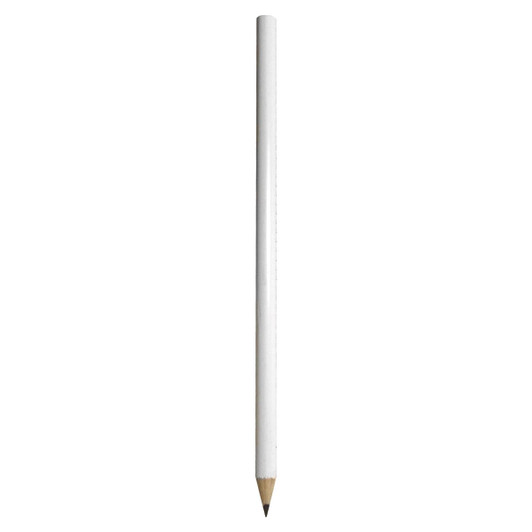 A white wood pencil with a sharpened grey lead tip, featuring a simple design.