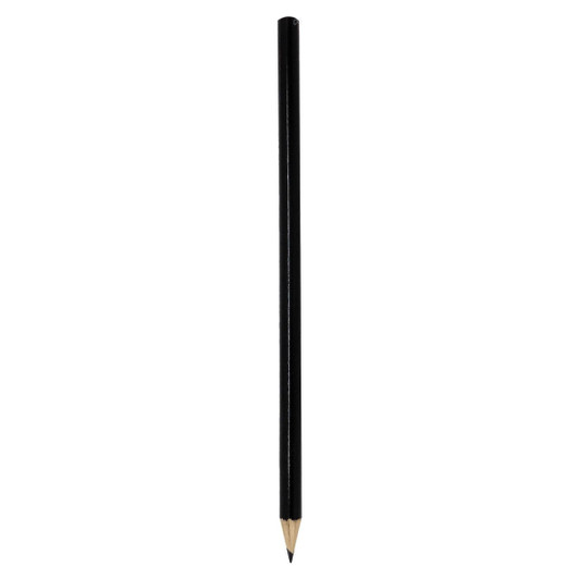 A black wood pencil with a sharpened point at one end and a natural wood finish at the other end.