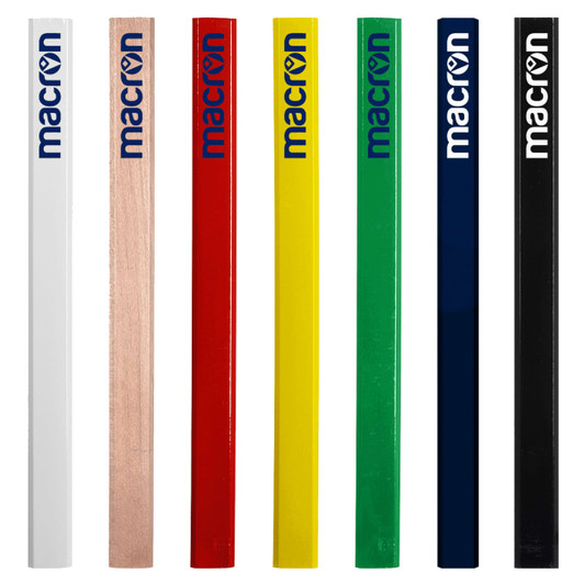 A set of carpenter pencils in white, natural wood, red, yellow, green, blue, and black, featuring a logo.