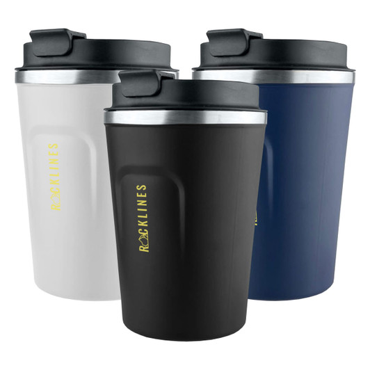 A set of three reusable coffee cups in white, black, and navy, each with a lid and branding on the side.