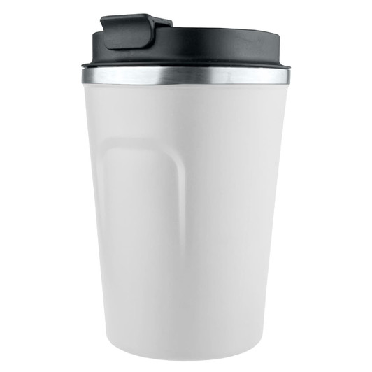 A reusable coffee cup in white with a black lid and silver trim, featuring a logo.