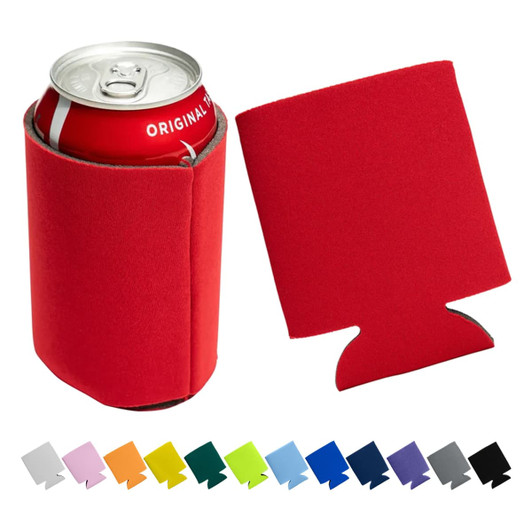 A red foam stubby cooler with a can partially inserted, next to a flat version for display. Available in various colours.