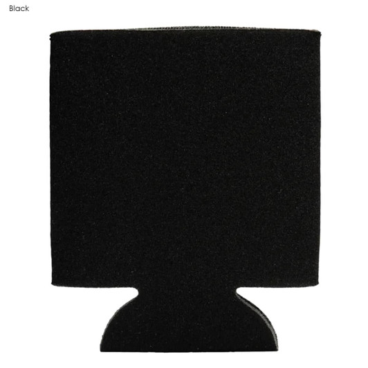 A black foam stubby cooler with a classic design, featuring a base for better grip. It has a logo on the front.