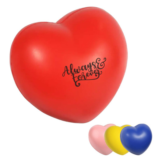 A red heart-shaped stress ball with a branding logo, accompanied by smaller hearts in pink, yellow, and blue.