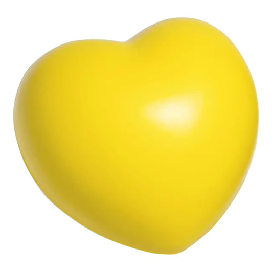 A bright yellow heart-shaped stress ball with a smooth finish, featuring a subtle sheen. It has a logo on it.