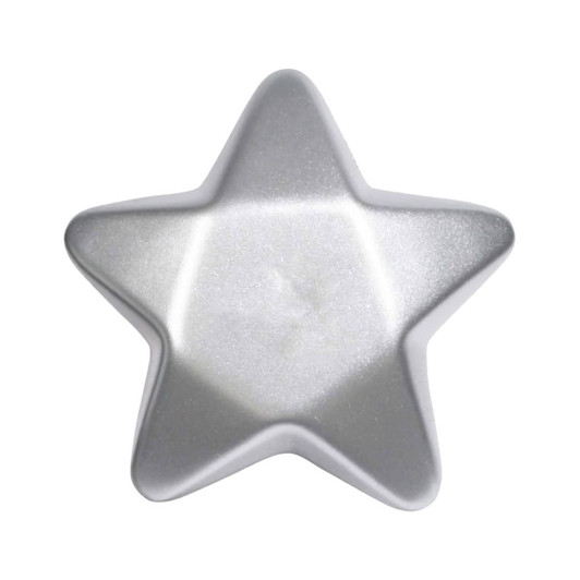 A silver star-shaped stress toy with a smooth finish, designed for fun and stress relief. It features a logo.