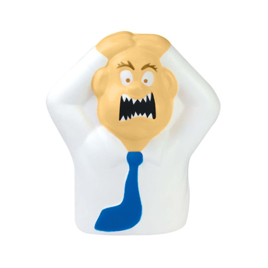 A stress relief shape featuring a frustrated man in a shirt and tie, predominantly white with blue and skin tones.