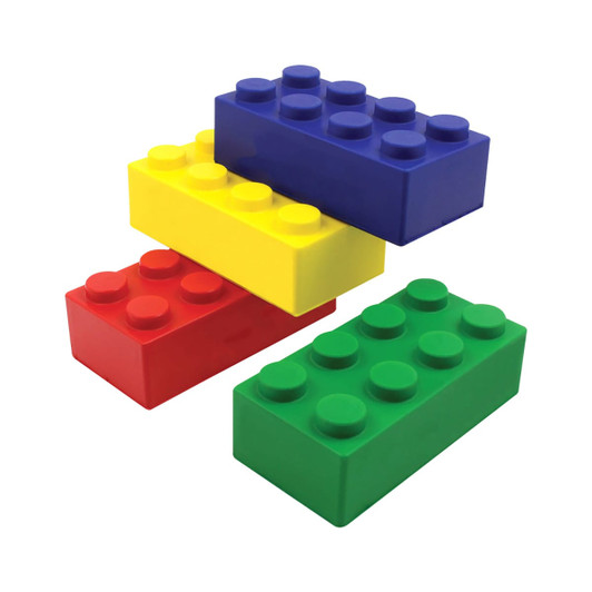 Colourful stress-building blocks in red, blue, yellow, and green stacked together, with a logo visible on one block.