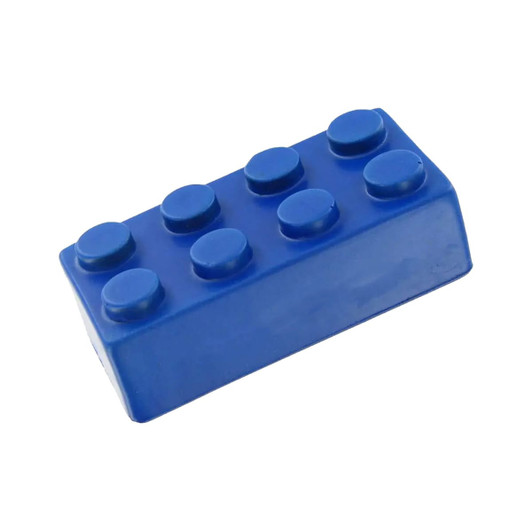 A blue stress building block shaped like a classic toy block, featuring rounded studs on top and a smooth surface.