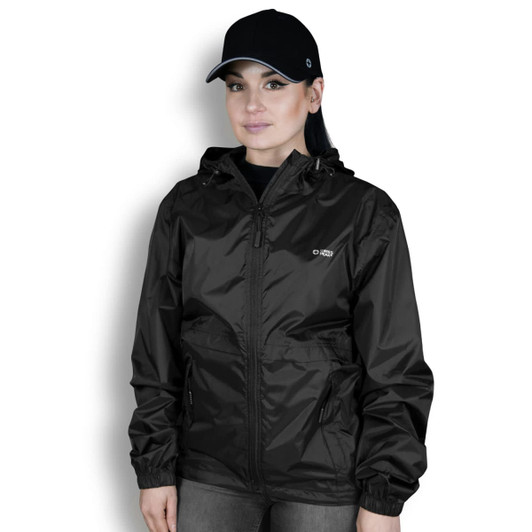A black windbreaker jacket with a hood and front pockets, worn by a model. The jacket features a logo.