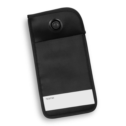 A black lockable phone pouch featuring a snap button closure and a blank name label area.