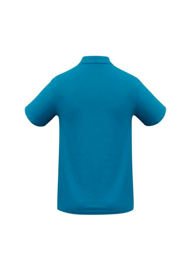 A turquoise men's polo shirt with short sleeves and a collar, featuring a logo on the back.