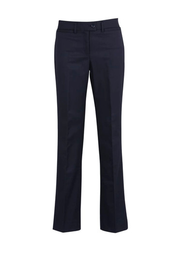 A pair of dark navy relaxed pants with a straight leg and front pockets. The pants feature a button closure and a logo.